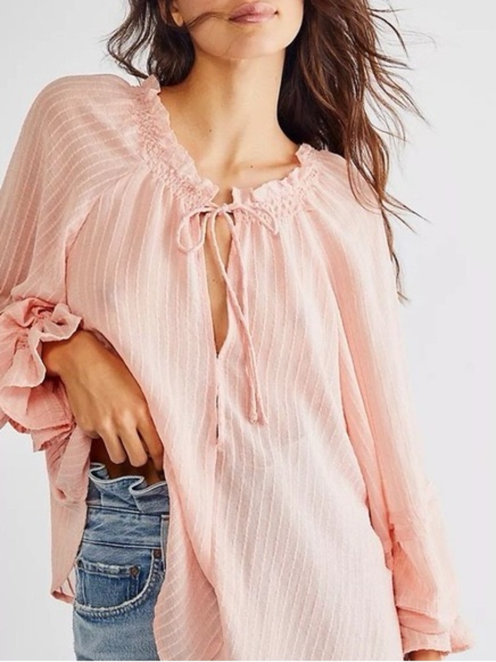 Free People - Out Of Town Tonal Stripes Long Sleeve Boho Blouse Size Small